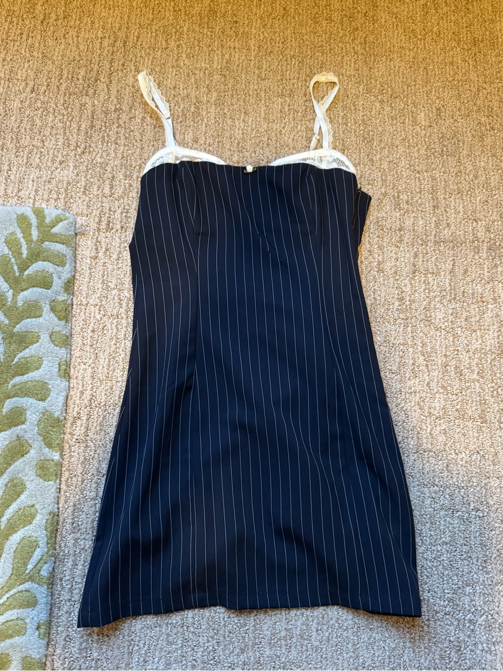 Edikted Navy Pinstripe Slip with White Lace Trim